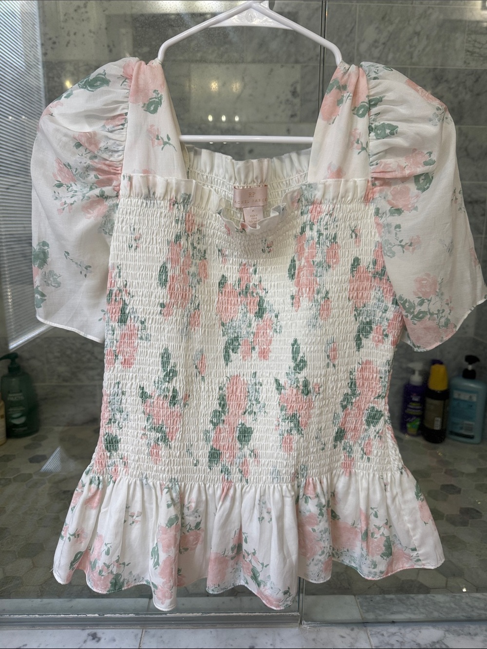 Rachel Parcell Pink and Green Floral Smocked Puff-Sleeve Peplum Top